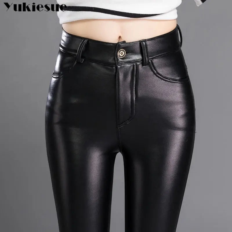 Autumn Winter women leather pants High elastic shiny trousers slim female pencil leather pants women