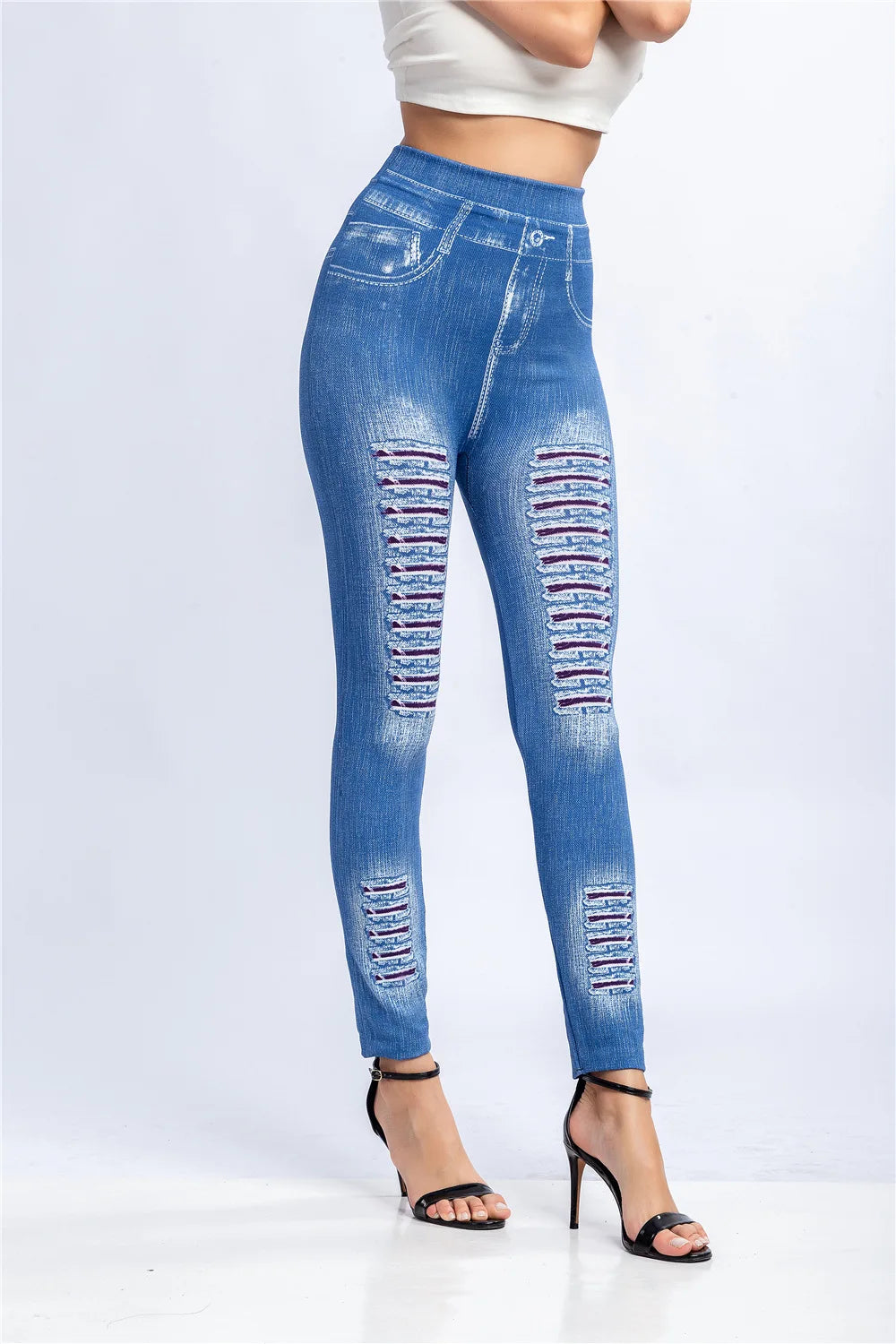 Fashion Stripe Printed Imitation Denim Leggings for Women's Elastic Slim Denim Trousers