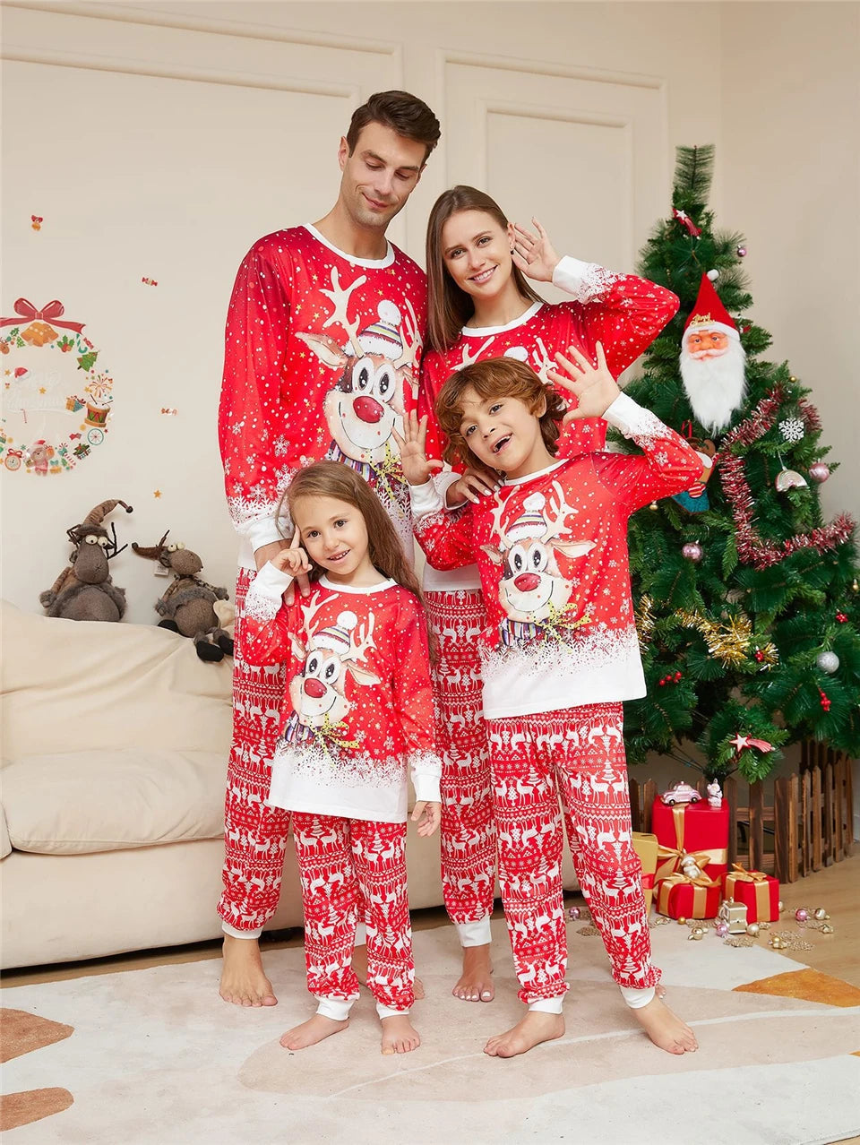 Xmas Pajamas for the Family Set Red Cartoon Elk Print Sleepwear