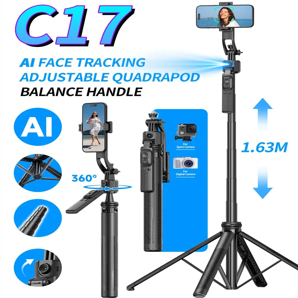 C17 Monopod 360° Auto-Rotation AI Tracking Shooting Tripod Bluetooth Shutter Fill Light For Phone Holder Wireless Selfie Stick