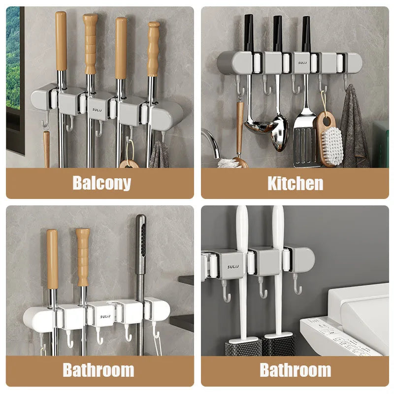 Mop Holder Broom Stand Wall Mounted Mop Support Sweeping Brush Hook Self-Adhesive Storage Organizer Bathroom Kitchen Accessories