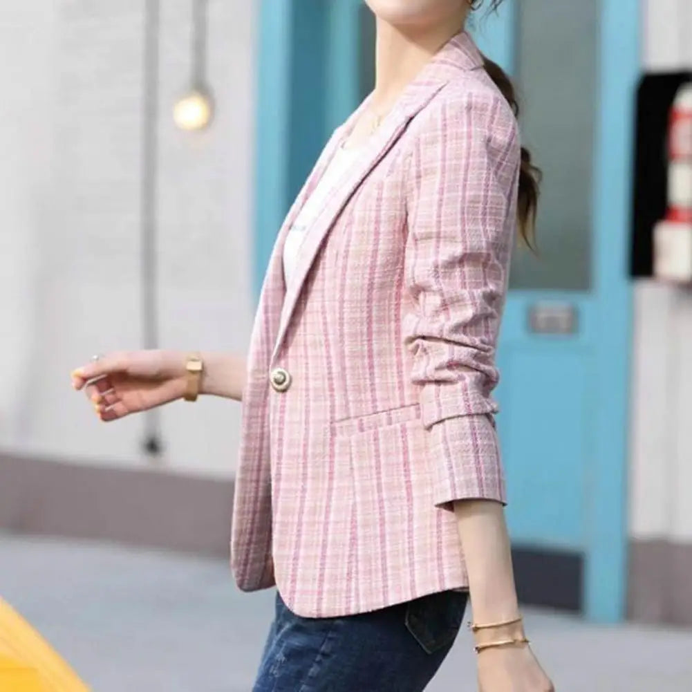 Women Blazer Cardigan Contrast Color Long Sleeves Warm Business Anti-wrinkle Autumn Coat for Work