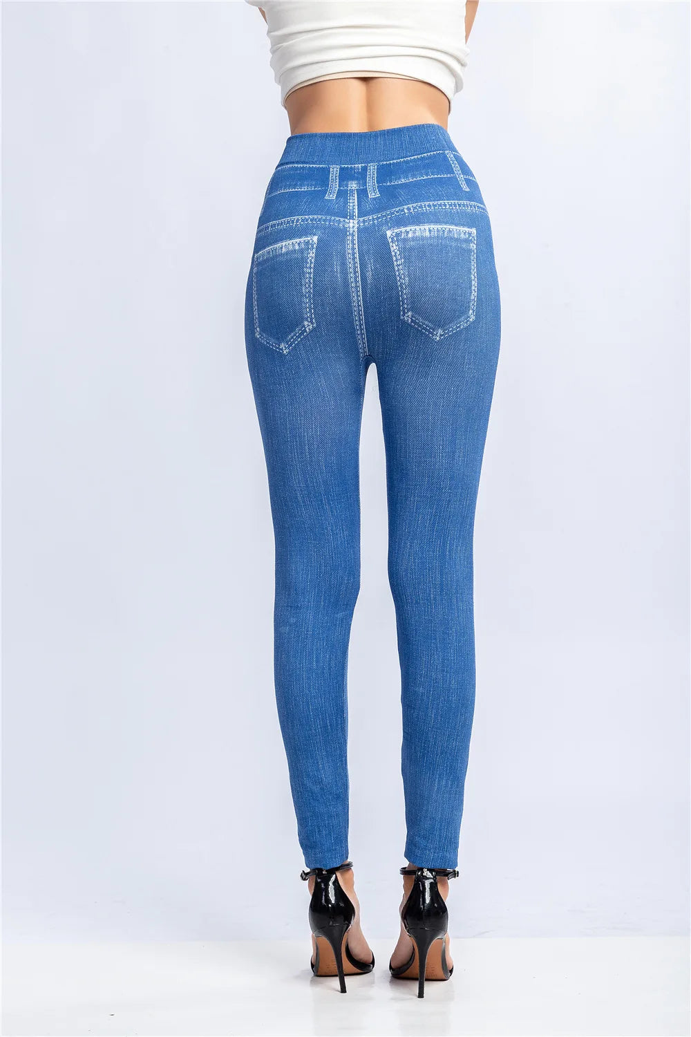 Fashion Stripe Printed Imitation Denim Leggings for Women's Elastic Slim Denim Trousers