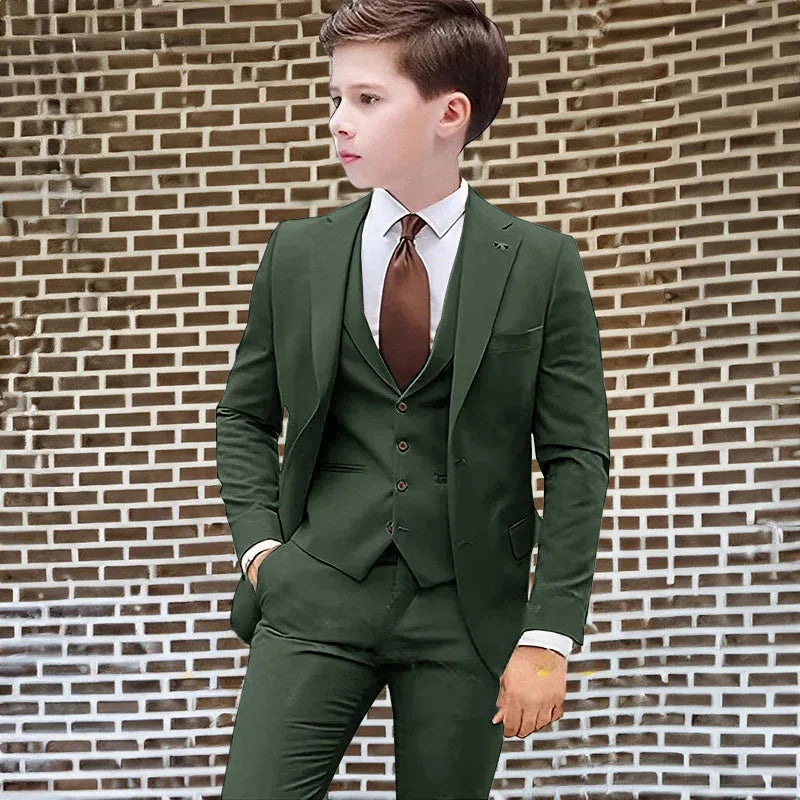 Dark Green Boys Suit Wedding Tuxedo Kids Jacket Pants Vest 3 Piece Fashion Clothes Child Slim Fit Complete Clothes Blazer Set