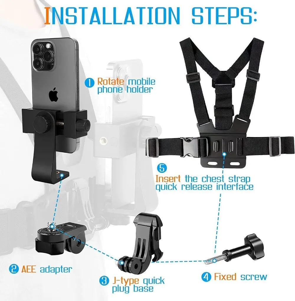 Adjustable Phone Clip Holder With Chest Strap Fixation Bracket for Sport Camera Mobile Phone