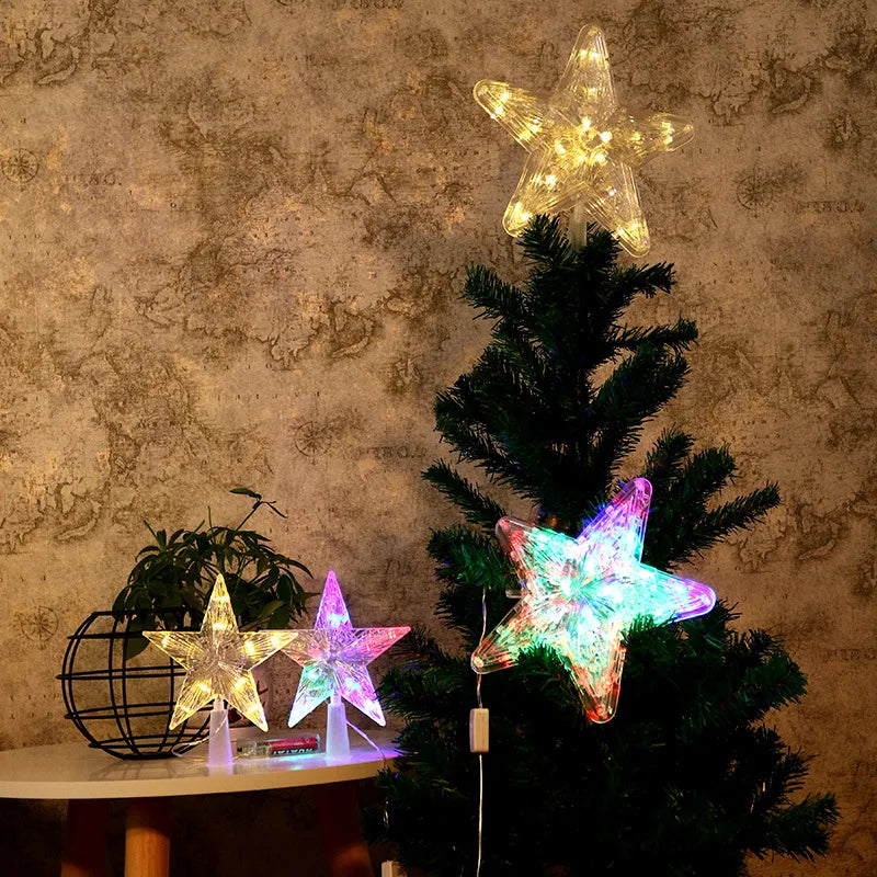 LED Transparent Five-pointed Star Merry Christmas Tree Toppers Cristmas Decorations for Home Xmas Ornaments Navidad 2023