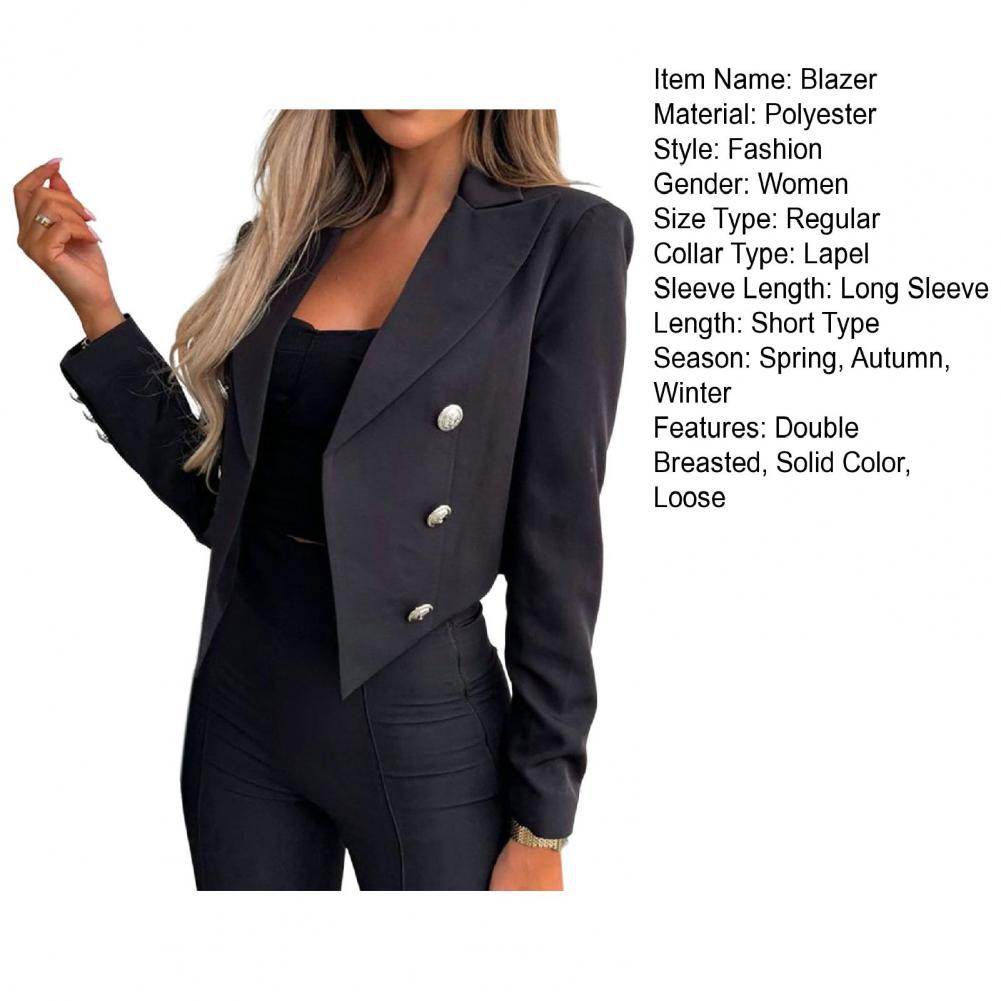 Stylish Women's Blazer with Double-Breasted Placket Lapel Short Solid Color Suit Jacket for Office Ladies Fashion