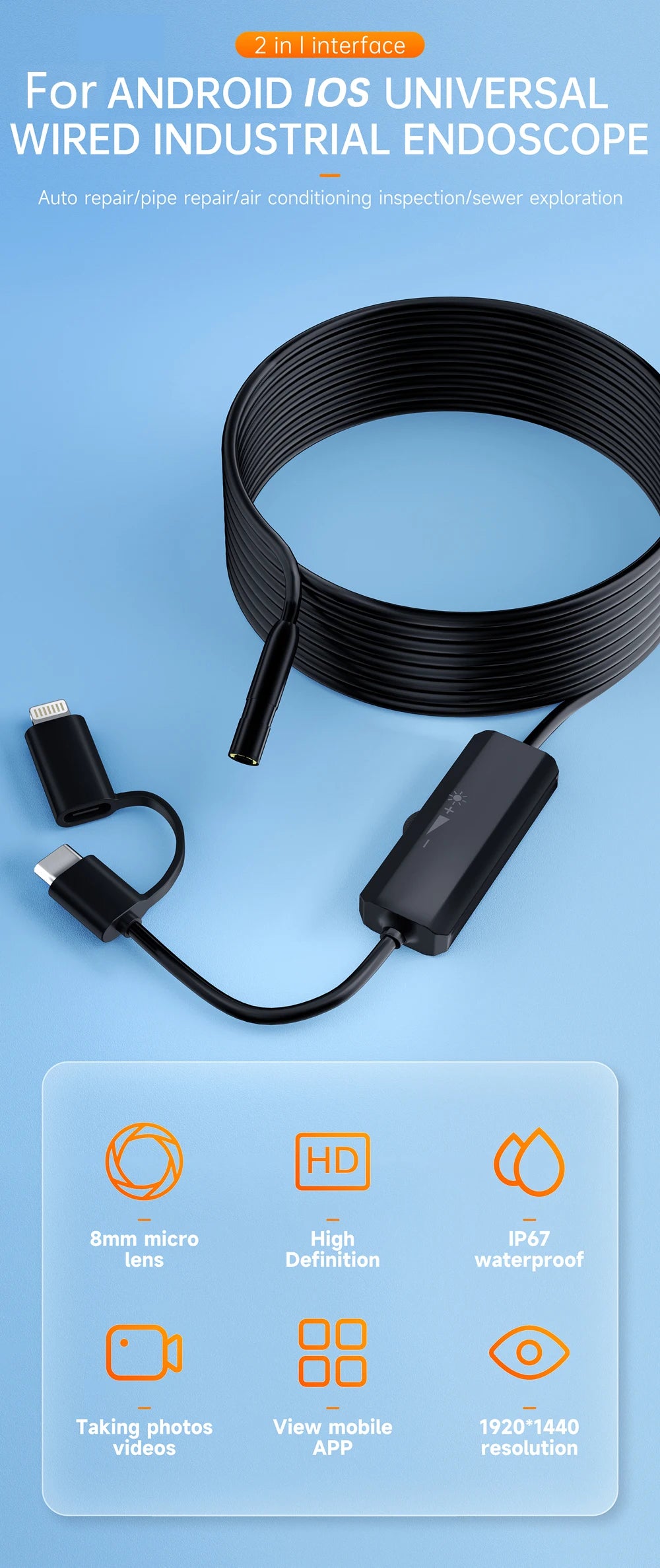 Endoscope Camera For Android iPhone & IOS Smartphone Car Pipe Automotive Borescope Sewer Inspection Tools Endoscopy Camera Device