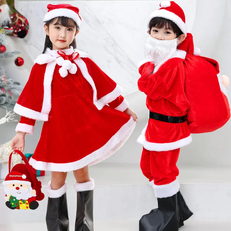 Christmas Costume boys and girls clothing, with girls shawls, boots, Christmas gift bags