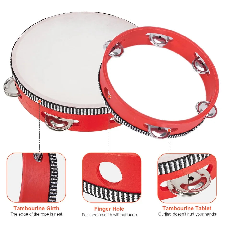 Sheep Skin Head Tambourine Drum 4 Pairs Jingles Wooden Frame Head Musical Tambourine 4/6/8/10 Inch Beat Instrument Hand Drums