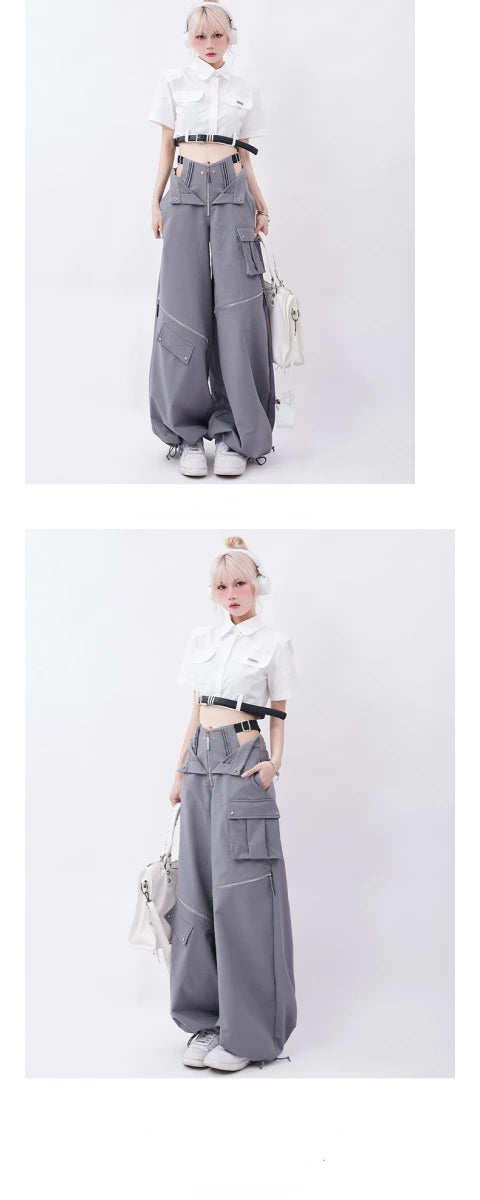 Grey Cargo pants female summer casual original retro multi zip pocket two wear design drawstring casual oversized trousers women