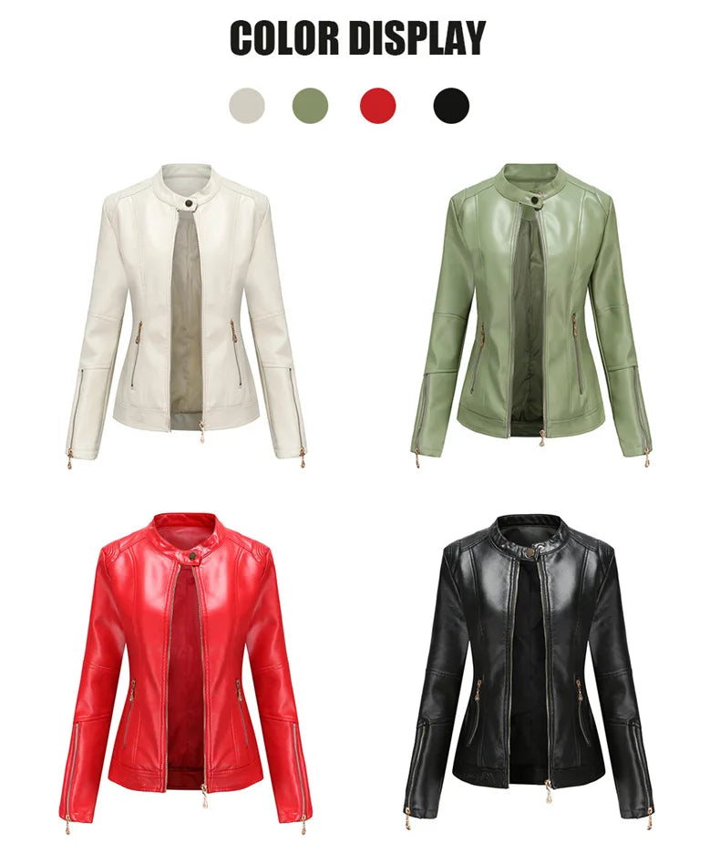 Leather Women Coat Full Sleeve Round Neck Slim Fit Solid Sexy Regular Jackets Zipper Casual Jacket