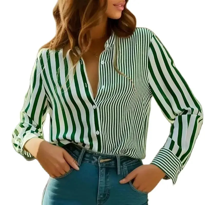 Fashion Women's Shirts & Blouses, Green Elegant Stripes Print Shirt Female Clothing Blouse Tops