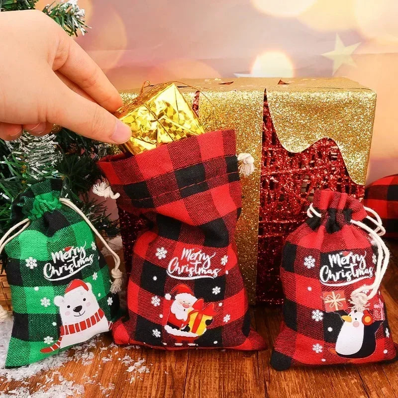 Christmas Burlap Bag Linen Xmas Gift Packaging Bags Santa Claus Snowman Drawstring Pocket Pouch Kids Favors Wrapping Box