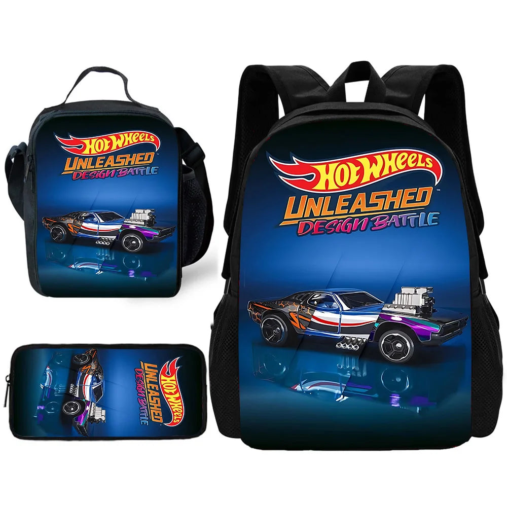 Hot Wheels Cars Child School Backpack with Lunch Bags ,Pencil Bags ,School Bags for Boys Girls Best Gift