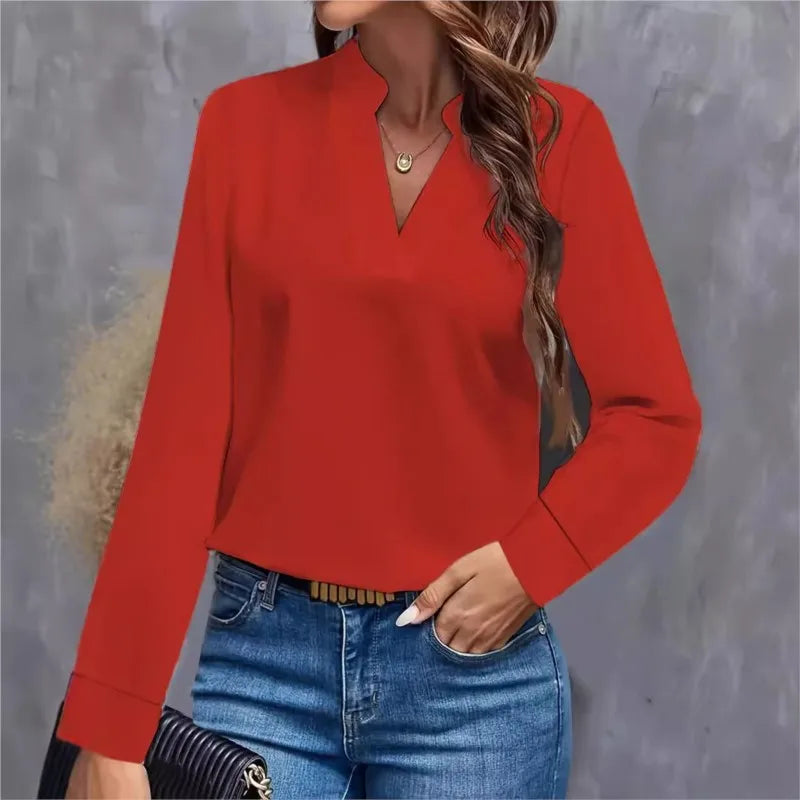 Women's Blouses Spring Long Sleeve Simple Office Lady Solid Color V-neck Loose Casual Shirt Tops For Women Clothing