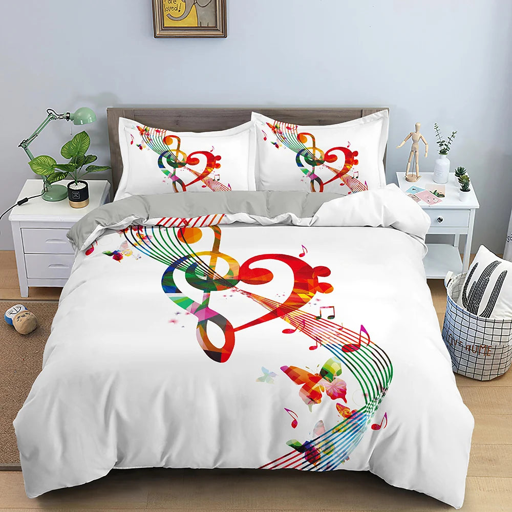 Beautiful Musical Note Bed Sheet Cover Set 3pcs Music Theme Quilt Cover King/Queen Size With Pillowcase Fashionable Psychedelic Soft Duvet Cover