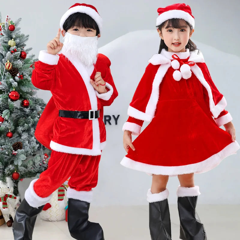 Christmas Costume boys and girls clothing, with girls shawls, boots, Christmas gift bags