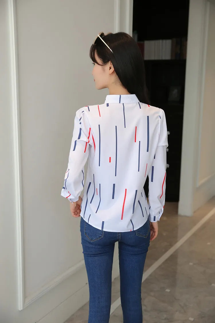 Women White Tops and Blouses Fashion Stripe Print Casual Long Sleeve Office Lady Work Shirts Female Slim Blouses