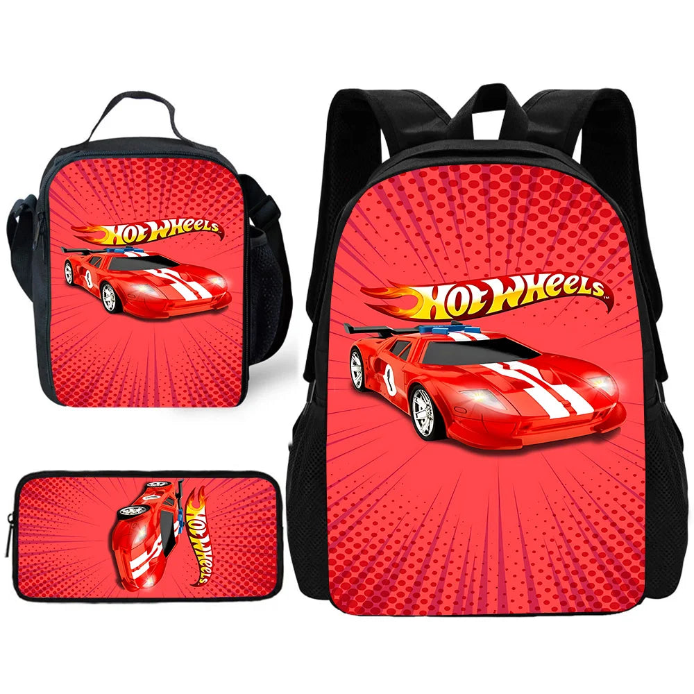 Hot Wheels Cars Child School Backpack with Lunch Bags ,Pencil Bags ,School Bags for Boys Girls Best Gift