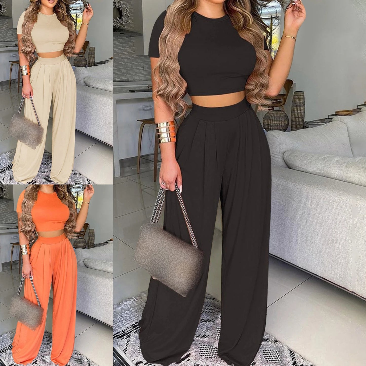 Elegant Summer Solid Casual Fitness Tracksuit Set Outfits Short Sleeve Crop Tops Trouser Flare Pants 2 Two Piece Set