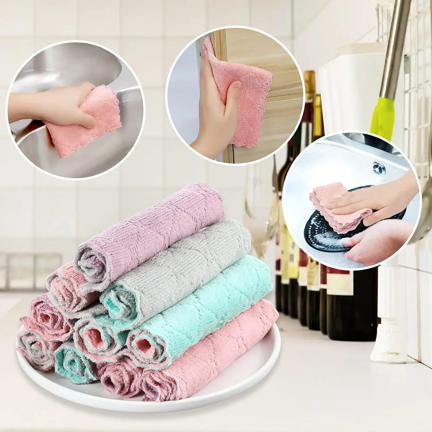 5/10pcs Kitchen Dishcloth Coral Velvet Towel Super Absorbent Wave Design Wipe Nonstick Oil Microfibre Thickened Rags Fast Drying