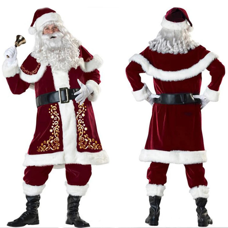 Christmas Santa Claus Costume Red Velvet Lady Elegant Long Dress Xmas For Man Woman