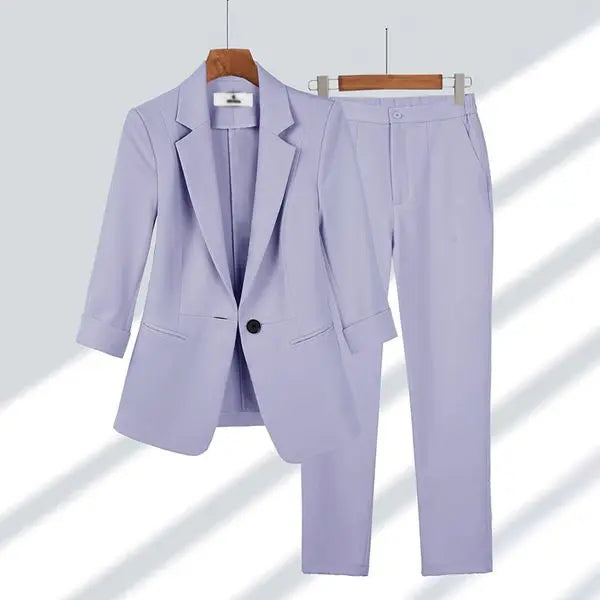 Summer Jacket Blazer Casual Wide Leg Pants Two Piece Elegant Women's Pants Set Office Outfits Business Clothing