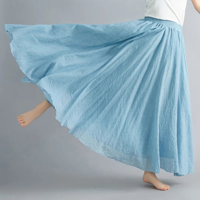 Women Linen Cotton Long Skirts Elastic Waist Pleated Maxi Skirts Beach Boho Vintage Summer Skirts