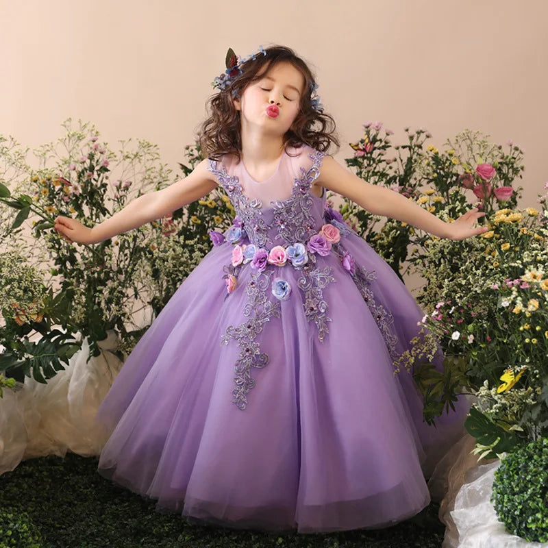 Girls Prom Elegant Dress Tulle robe de Princess Tutu Piano Costume Purple Birthday Party