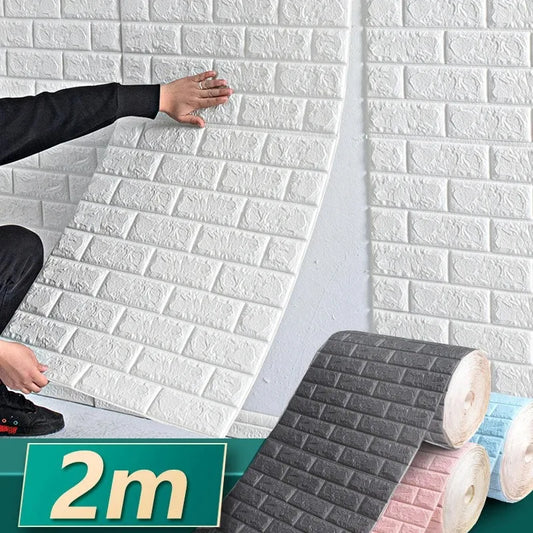 2m Long 3D Brick Wall Stickers DIY Decor Self-Adhesive Waterproof Wallpaper for Kids Room Bedroom Kitchen Home Wall Decor