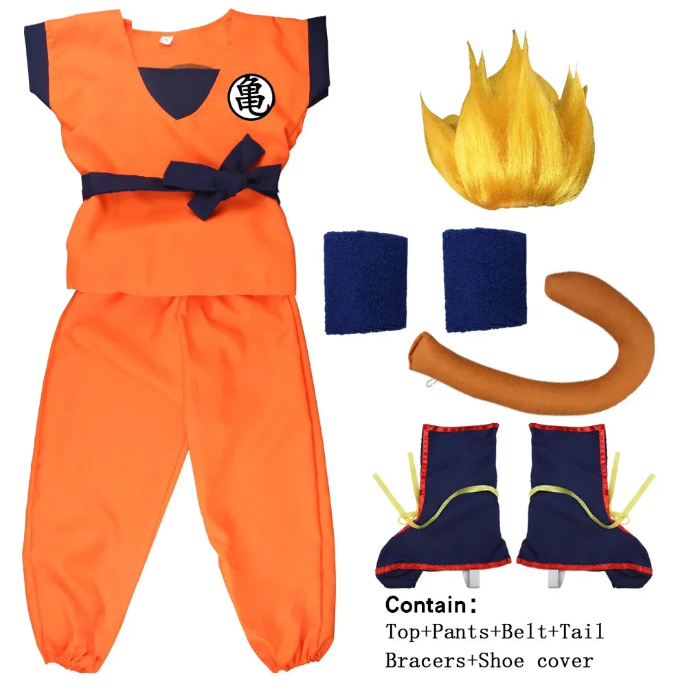 Son Goku Gui Carnival Anime Cosplay Holiday Costumes Tail  Wrister Wig Blue Gold Children Dress Up