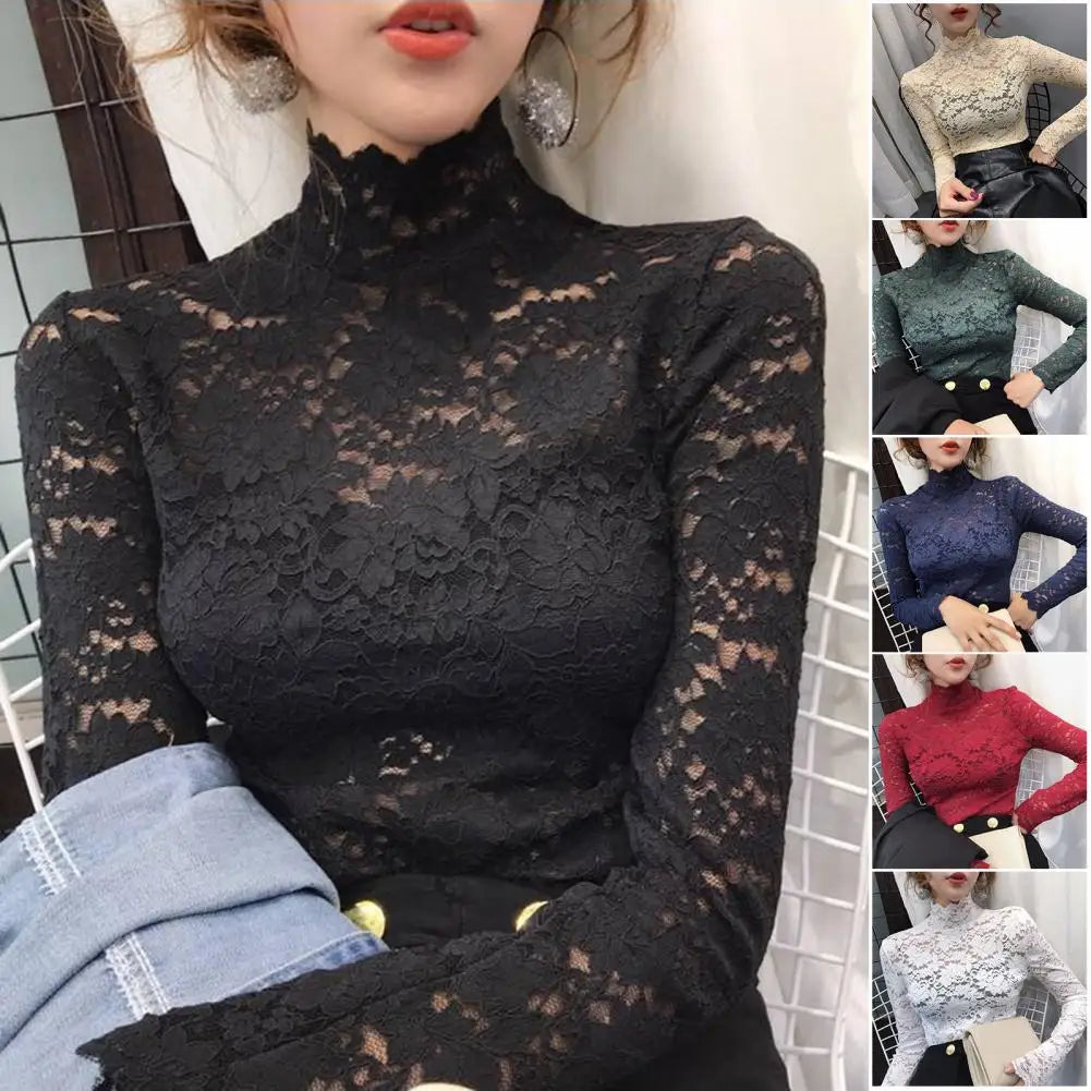 Half High Collar Lace Women Blouse Long Sleeves See-Through Sexy Lace Blouse Women Elegant  Crochet Hollow Floral Blouse Shirt