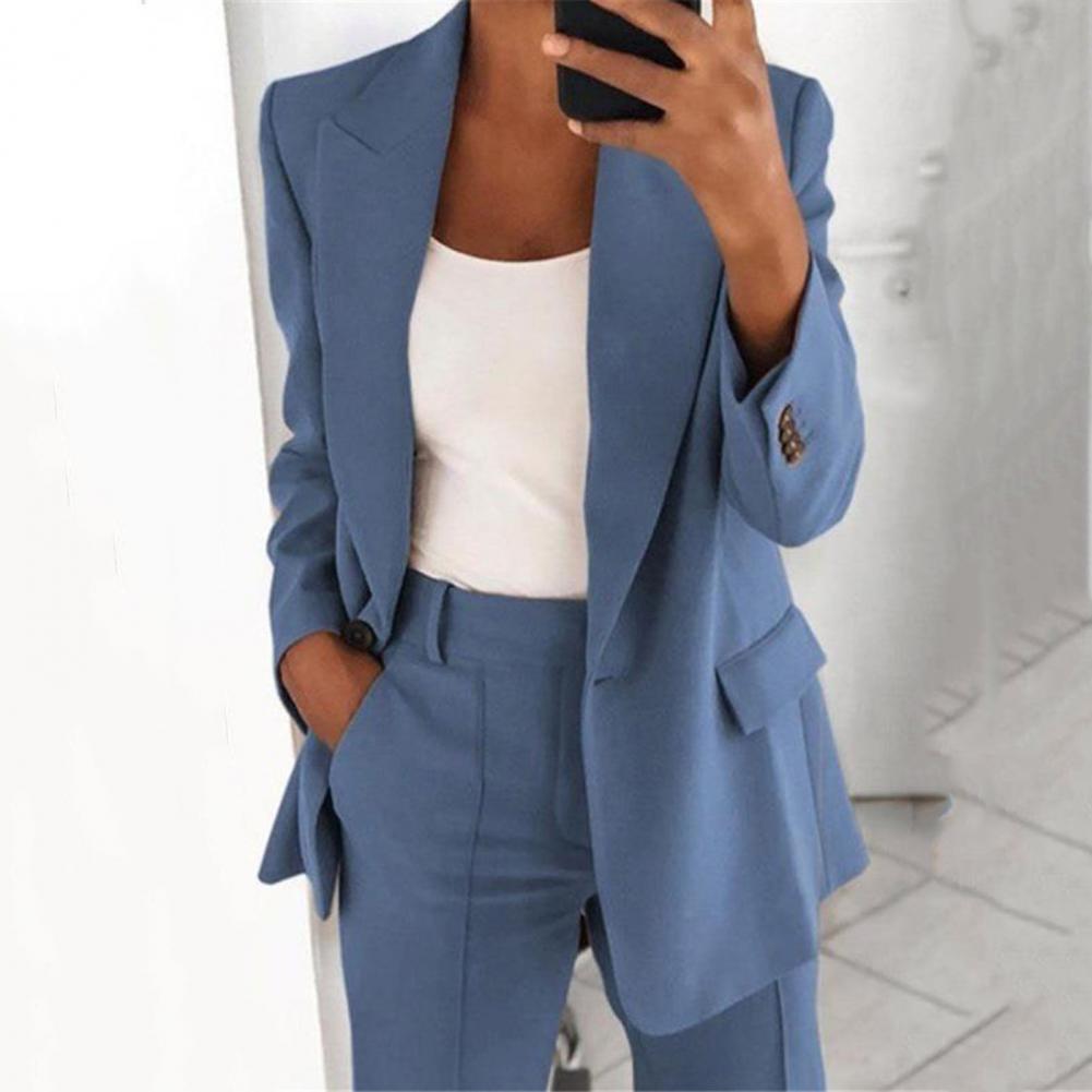 ElWomen Suit Jacket Solid Color Turndown Collar Long Sleeve Buttons Blazer Outerwear