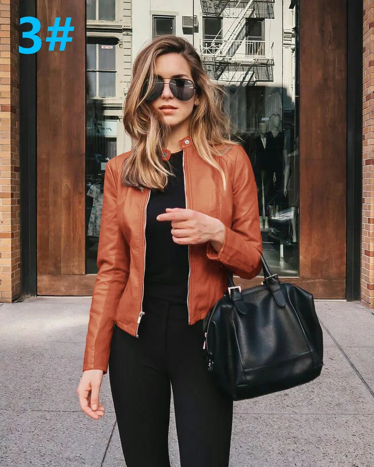 Chic Lady Slim Fit Faux Leather Jacket Women Classic Moto Biker PU Leather Jacket Spring Autumn Basic Zipper Coat Outerwear S-XXL