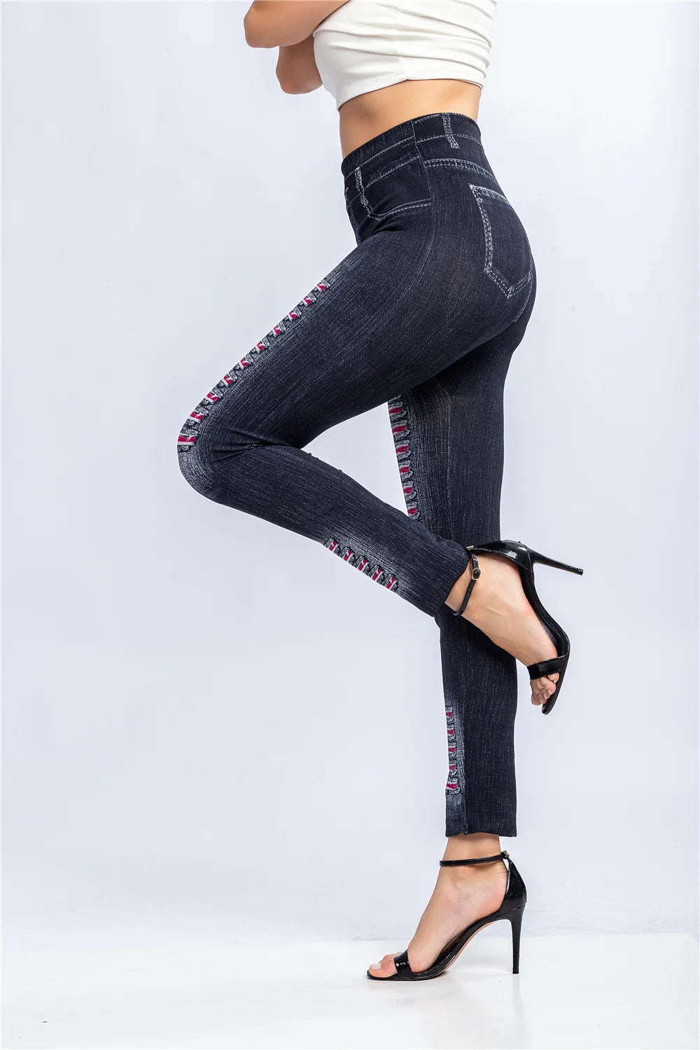 Fashion Stripe Printed Imitation Denim Leggings for Women's Elastic Slim Denim Trousers