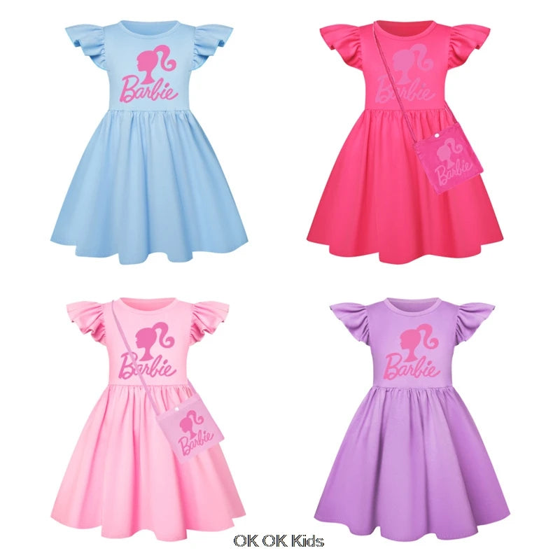 New Summer Dress Barbie the movie for Girls Kids Princess Tank Top Dress Girls Dresses Flying sleeve Childre Clothes +Bag 1-8T