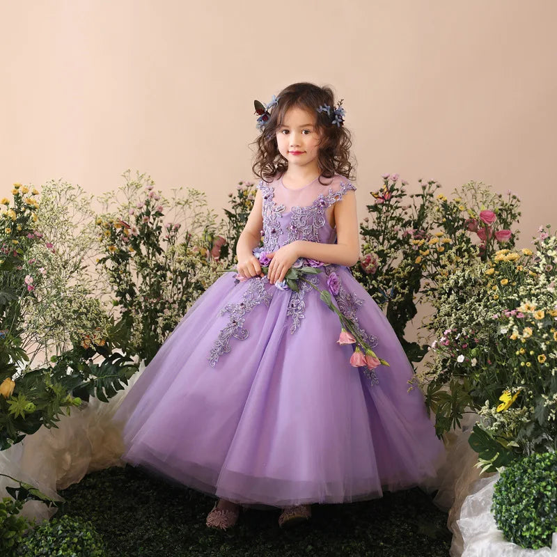 Girls Prom Elegant Dress Tulle robe de Princess Tutu Piano Costume Purple Birthday Party