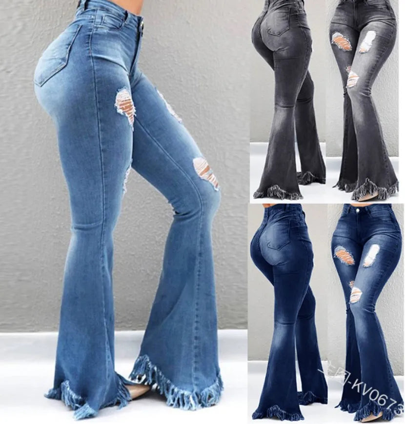 Ripped Jean Distressed Flare Full Length Women Denim Pants Hole Pockets High Waist