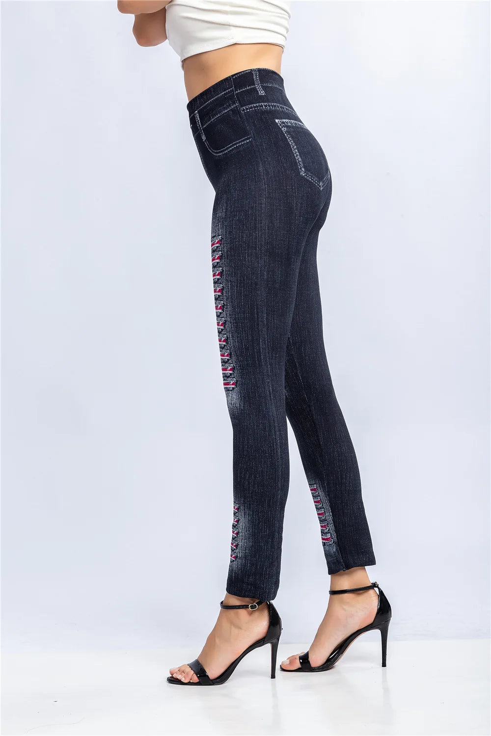 Fashion Stripe Printed Imitation Denim Leggings for Women's Elastic Slim Denim Trousers