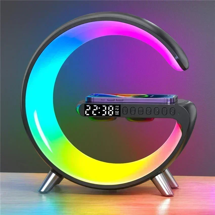 Wireless Charger Pad Stand Bluetooth Speaker LED RGB Night Lights Lamp Alarm Clock Fast Charging Station Dock for iPhone Samsung