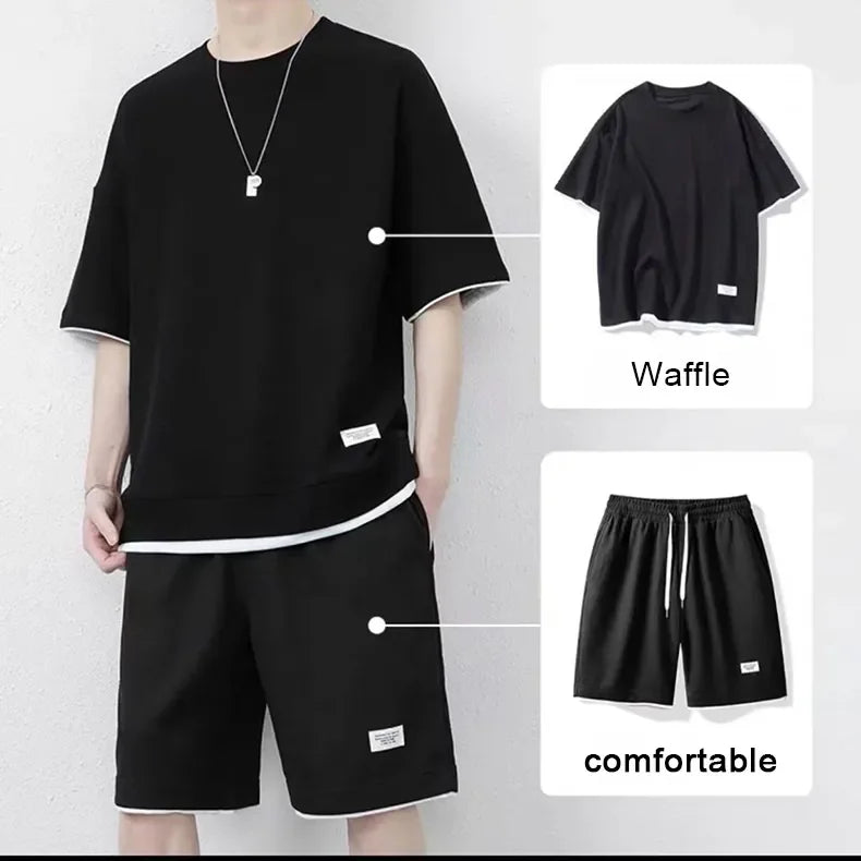 Casual Two Pieces Sets Men's Sportswear Breathable Quick-drying Top & Shorts Male Sportswear Running Fitness Wear