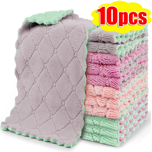 5/10pcs Kitchen Dishcloth Coral Velvet Towel Super Absorbent Wave Design Wipe Nonstick Oil Microfibre Thickened Rags Fast Drying