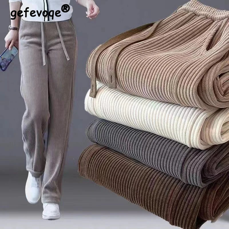 Elastic Waist Loose Casual Wide Leg Corduroy Pants Female Add Velvet Fashion All-match Trousers Women's Clothing