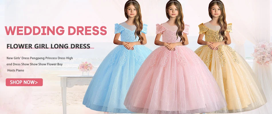 Elegant Girl Wedding Dress Embroidered Mesh Princess Dress 4-12 Year Old Girl Graduation Party Prom Evening Dress