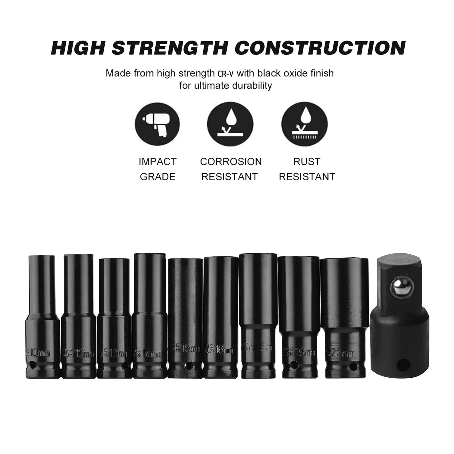 10pcs 1/2" Drive Metric Impact Socket Set Universal Socket Metric Drive Deep Socket Set Wrench for Air Pneumatic Repair Tools