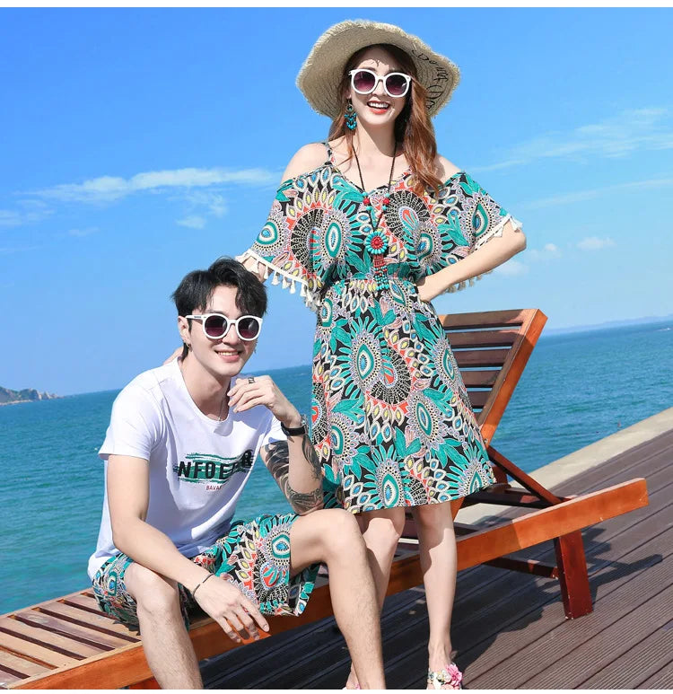 Family Matching Outfits Summer Beach Mother Daughter Floral Dresses Dad Son Cotton T-shirt & Shorts Couple Outfit Seaside