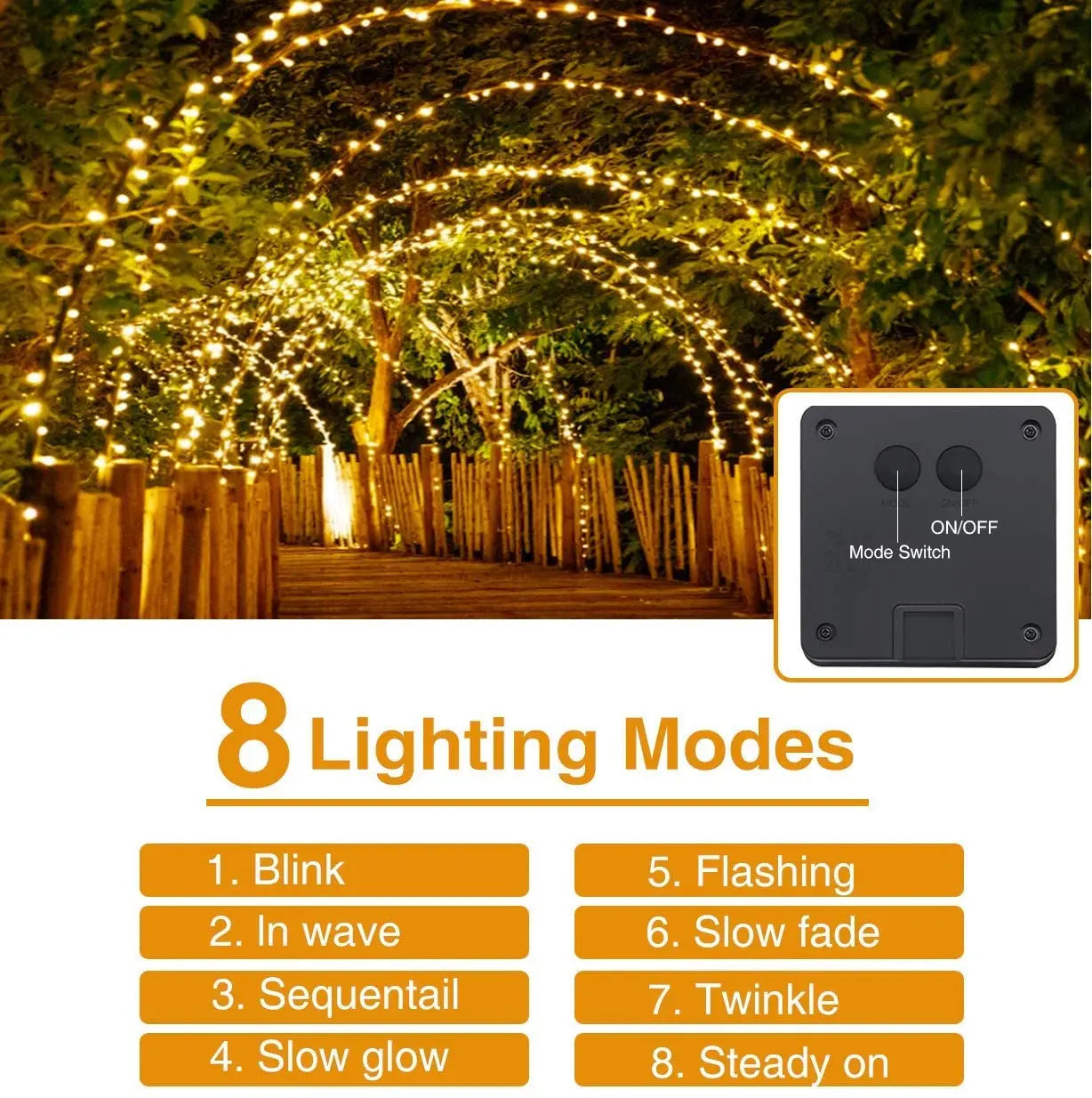 Solar String Lights Outdoor Waterproof with 8 Modes for Home Gardens, Wedding, Party, Christmas, Outdoor, Tree Decorations