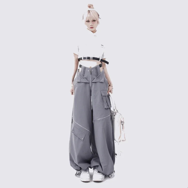 Grey Cargo pants female summer casual original retro multi zip pocket two wear design drawstring casual oversized trousers women