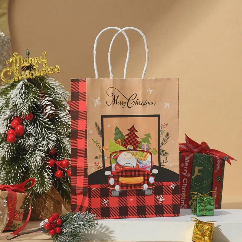 Christmas Kraft Paper Retro Grid Handheld Bag Santa Claus Gifts Box Party